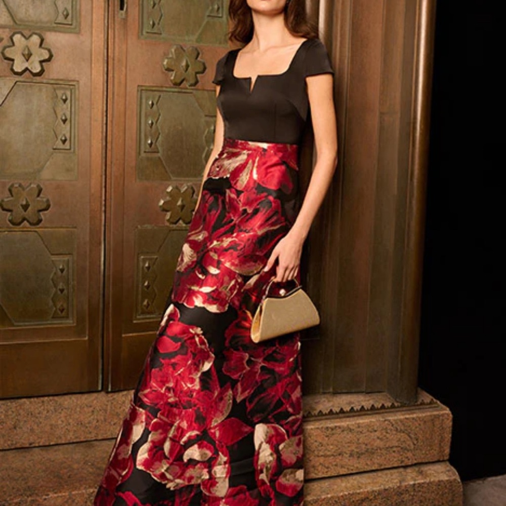 Aidan Mattox Adrianna Papell Red Black Floral Jacquar Formal Gown Dress Women 16